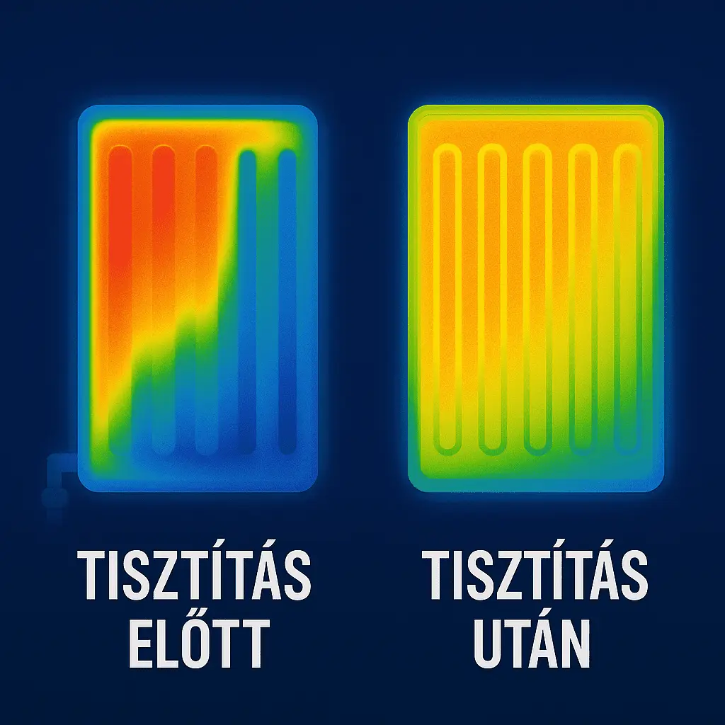 Hőleadási hatékonyság különbség a fűtésrendszer mosása előtt és után Piliscsabán